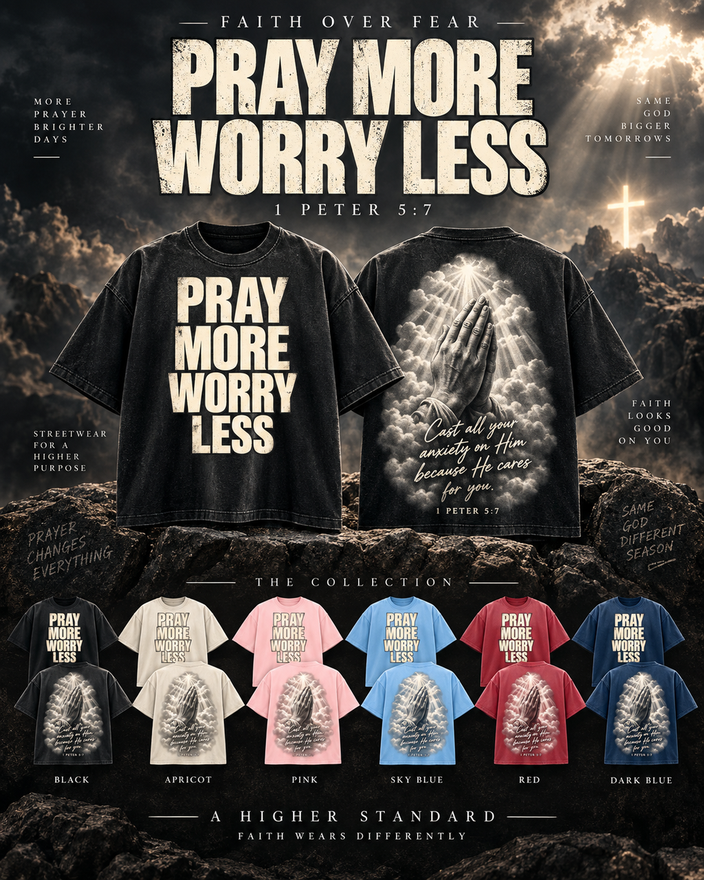 Pray More Worry Less Unisex Vintage Wash Sunfade Boxy T-Shirt